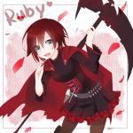  1girl belt black_eyes bullet cape character_name cross fang highres long_sleeves open_mouth pantyhose petals redhead rose_petals ruby_rose rwby scythe shan124680 short_hair signature skirt smile solo weapon 