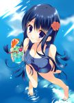  1girl arikawa_satoru barefoot black_hair blue_eyes drink long_hair original school_swimsuit swimsuit 