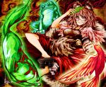  1girl akasia animal_ears bird brown_eyes brown_hair frog futatsuiwa_mamizou geta glasses leaf leaf_on_head raccoon_ears raccoon_tail tail touhou youkai 