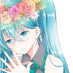  1girl aqua_eyes aqua_hair flower hatsune_miku head_wreath rose solo twintails vocaloid white_background wogura 