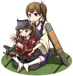  2girls airplane archery armor blush brown_eyes brown_hair character_request emu_(toran) highres japanese_clothes kaga_(kantai_collection) kantai_collection multiple_girls muneate personification short_hair side_ponytail sitting sitting_on_person thigh-highs wink 