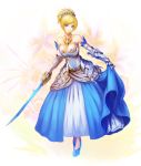 1girl armor armored_dress bare_shoulders blonde_hair blue_dress blue_eyes blue_shoes breasts cleavage dress floral_background flower full_body gown hair_ornament hair_up jewelry necklace original parted_lips shoes shoulderless_dress solo sword weapon wolfedge 