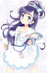  1girl blue_eyes blue_hair cellphone cure_white detached_sleeves dress earrings futari_wa_precure gloves half_updo jewelry long_hair looking_at_viewer magical_girl phone precure solo standing tanuki_neiri white_dress yukishiro_honoka 