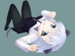  1girl animal_ears black_legwear cat_ears cat_tail extra_ears green_eyes lying necktie open_mouth pantyhose paw_pose sanya_v_litvyak silver_hair simple_background skirt solo strike_witches tail upside-down urepito_honke 