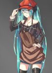 1girl a5125924 apron aqua_hair bespectacled glasses hand_on_hat hand_on_hip hat hatsune_miku jewelry long_hair necklace shorts simple_background solo thighhighs twintails very_long_hair vocaloid 