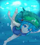  1girl backpack bag blue_eyes blue_hair blue_swimsuit bubble diving hair_bobbles hair_ornament hat jewelry kawashiro_nitori key necklace niiya smile solo swimsuit touhou twintails underwater 