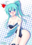  blue_eyes blush breasts embarrassed green_hair head_fins one-piece_swimsuit shinkai_no_valkyrie side_ponytail surprised swimsuit the-sinner 