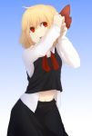  1girl ascot belly black_dress blonde_hair dress dressing hair_ribbon open_clothes open_mouth open_shirt ribbon rumia shirt short_hair simple_background skirt skirt_set solo terimayo touhou tying_headband untied 