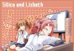  2girls bibi book brown_hair closed_eyes computer computer_mouse drooling food ice_cream lisbeth monitor multiple_girls pink_hair saliva school_uniform short_hair short_twintails silica sleeping sword_art_online twintails 