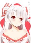  1girl :&lt; absurdres bare_shoulders blush bow breasts bust cleavage collarbone dress fujiwara_no_mokou hair_bow highres long_hair looking_away off_shoulder red_eyes senbon_tsuki silver_hair simple_background solo touhou translation_request white_background white_dress 