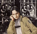  1boy belt black_hair grey_eyes highres jacket levi_(shingeki_no_kyojin) miiii-joy realistic shingeki_no_kyojin solo 