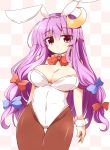  1girl alternate_costume animal_ears bow bowtie breasts brown_legwear bunny_girl bunnysuit checkered checkered_background cleavage crescent detached_collar fake_animal_ears hair_bow highres large_breasts long_hair looking_at_viewer pantyhose patchouli_knowledge purple_hair shirogane_(platinum) solo touhou violet_eyes wrist_cuffs 