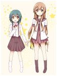  2girls :d black_legwear blue_hair brown_eyes brown_hair collarbone furutani_kaede kotaka long_hair looking_at_viewer multiple_girls oomuro_hanako open_mouth school_uniform serafuku skirt smile socks star starry_background very_long_hair white_legwear yuru_yuri 