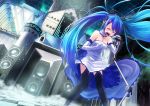  1girl blue_hair castle character_name checkered checkered_floor closed_eyes copyright_name dress dutch_angle elbow_gloves gloves hatsune_miku headphones jewelry long_hair microphone microphone_stand necklace open_mouth singing sky solo speaker star_(sky) starry_sky strapless_dress thigh-highs tokumaro twintails very_long_hair vocaloid 