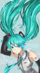  1girl aqua_eyes aqua_hair arm_up character_name detached_sleeves floating_hair hatsune_miku headset long_hair necktie solo twintails uanuan very_long_hair vocaloid 