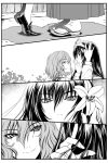  2girls artist_request close-up eye_contact eyelashes face flower hair_flower hair_ornament hands_in_hair hands_on_another&#039;s_face height_difference kazami_yuuka lily_(flower) loafers long_hair looking_at_another m.u.g.e.n monochrome multiple_girls original petals sandals sendai_hakurei_no_miko shoes short_hair smile tabi tiptoes touhou yuri 