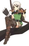  1girl arrow belt black_gloves boots bow_(weapon) braid brown_eyes caryo cloak dragon&#039;s_crown elf elf_(dragon&#039;s_crown) gloves in_tree long_hair nanashino pointy_ears quiver shorts silver_hair simple_background sitting sitting_in_tree smile solo squirrel thigh-highs thigh_boots tree twin_braids weapon white_background 