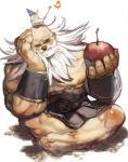  1boy apple arm_support barefoot beard dragon&#039;s_crown dwarf_(dragon&#039;s_crown) facial_hair food fruit highres mibu_natsuki muscle simple_background white_background 