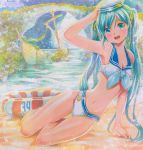  1girl 39 aqua_hair arm_support artist_name bikini green_eyes hat hatsune_miku innertube long_hair mayo_riyo nail_polish navel open_mouth sailor_collar shipwreck solo swimsuit traditional_media twintails very_long_hair vocaloid wet 