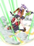  1girl ankle_boots aqua_eyes boots bow bowtie frog hair_bow hair_ornament highres hover_bike jacket miniskirt motor_vehicle motorcycle official_art purple_hair quad_tails sailor_collar skirt smoke sudou_cecil transparent_background umetsu_yasuomi vehicle wizard_barristers:_benmashi_cecil 