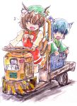  2girls animal_ears blue_eyes blue_hair bonnet brown_hair cat_ears cat_tail chen dress driving earrings fangs japanese_clothes jewelry multiple_girls multiple_tails musical_note riding short_hair smile sodbre_(takaya) steering_wheel tail touhou wakasagihime white_background 