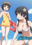  2girls bikini black_hair blue_eyes bottle breasts brown_eyes cleavage flower hair_flower hair_ornament head_wreath hirose_(mokiki) innertube large_breasts long_hair multiple_girls one-piece_swimsuit open_mouth saten_ruiko short_hair sitting smile swimsuit to_aru_kagaku_no_railgun to_aru_majutsu_no_index uiharu_kazari white_bikini white_swimsuit 