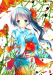  1girl blue_dress blue_eyes blue_hair dress fishes flower hair_ornament japanese_clothes kimono long_hair looking_at_viewer natsuki_coco original plant side_ponytail solo tagme white_background 