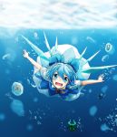  1girl blue_dress blue_eyes blue_hair bow bubble cirno crystal_(pixiv) diving dress fish frog frozen hair_bow highres ice ice_wings looking_at_viewer open_mouth outstretched_arms short_sleeves smile solo touhou underwater wings 