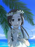  1girl black_eyes black_hair cat dress flower head_wreath holding long_hair low_twintails morifumi open_mouth original smile solo twintails water white_dress 
