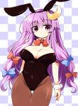  1girl alternate_costume animal_ears bow bowtie breasts brown_legwear bunny_girl bunnysuit checkered checkered_background cleavage crescent detached_collar fake_animal_ears hair_bow highres large_breasts long_hair looking_at_viewer pantyhose patchouli_knowledge purple_hair shirogane_(platinum) solo touhou violet_eyes wrist_cuffs 