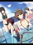  4girls bikini black_eyes black_hair braid brown_eyes brown_hair competition_swimsuit glasses green_eyes hairband highres kaga_(kantai_collection) kantai_collection kichi8 kirishima_(kantai_collection) kitakami_(kantai_collection) long_hair multiple_girls mutsu_(kantai_collection) one-piece_swimsuit pool short_hair swimsuit water 