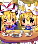  &gt;_&lt; 2girls :3 arm_up beer_mug blonde_hair blush chocolat_(momoiro_piano) closed_eyes curry dress elbow_gloves fish food gloves hat hat_ribbon hat_with_ears multiple_girls open_mouth plate purple_dress ribbon smile spoon tabard table touhou white_dress white_gloves yakumo_ran yakumo_yukari yellow_eyes 