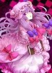  1girl book bow checkered checkered_background crescent dress hat long_hair open_mouth patchouli_knowledge purple_hair sakura_ran solo touhou violet_eyes 