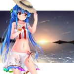  1girl bare_shoulders blue_hair blush bow hat hat_bow highres hinanawi_tenshi juice_box long_hair navel red_eyes ribbon sarong shuizao_(little_child) solo touhou 
