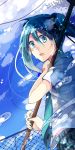  1girl absurdres akinai_ari chain-link_fence clouds green_eyes green_hair hatsune_miku highres nail_polish open_mouth sky solo twintails vocaloid 