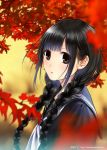  1girl autumn autumn_leaves braid brown_eyes kazuharu_kina long_hair original school_uniform solo twin_braids 