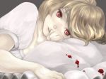  1girl blonde_hair blood copyright_request grey_background lips lying noja on_side parted_lips pillow red_eyes simple_background solo 