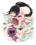  1girl adjusting_glasses black_eyes black_hair book book_hug boots chibi chiko_(mizuho) female flower glasses holding holding_book knee_boots kyoryu_violet long_hair paper pleated_skirt ponytail scrunchie skirt solo super_sentai uniform yayoi_ulshade zyuden_sentai_kyoryuger 