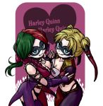  batman_(series) blonde_hair blue_eyes bow breast_press breasts cleavage dc_comics dual_persona grin harley_quinn heart injustice:_gods_among_us jester jewelry mask multicolored_hair necklace shirakawa_(whitemist) smile symmetrical_docking twintails two-tone_hair 