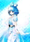  1girl blue_background blue_eyes blue_hair dress flower hair_rings kaku_seiga makuwauri smile solo touhou veil 