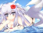  1girl absurdres animal_ears bikini breasts cleavage finger_to_mouth flower fox_ears fox_tail hair_flower hair_ornament highres long_hair looking_at_viewer lying multiple_tails on_stomach original piano_(1991_0422) purple_hair solo strap_slip swimsuit tail violet_eyes water 