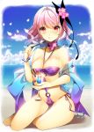  1girl :q alternate_costume beach bikini breasts butterfly_hair_ornament cleavage cup eating flower food hair_flower hair_ornament highres ice_cream large_breasts looking_at_viewer purple_hair red_eyes roh_nam_kyung saigyouji_yuyuko short_hair side-tie_bikini smile solo spoon swimsuit tongue touhou 
