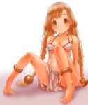 1girl anklet arm_support barefoot bikini_top breasts brown_hair cleavage green_eyes highres jewelry legs long_hair sitting skirt solo twintails 