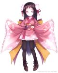  1girl babylon_(game) black_hair black_legwear boots bow cross-laced_footwear hibanar japanese_clothes kimono large_bow long_hair obi outstretched_arms pantyhose pink_eyes smile solo spread_arms standing very_long_hair watermark wide_sleeves 