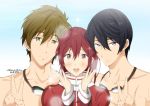  1girl 2boys black_hair blue_eyes brown_hair free! goggles goggles_around_neck green_eyes long_hair matsuoka_gou multiple_boys nanase_haruka_(free!) ponytail red_eyes redhead shirtless short_hair tachibana_makoto track_jacket yamasaki_wataru 