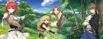  1boy 3girls :d ;d aria_(seiken_no_blacksmith) armpits arms_up blonde_hair blue_eyes blush_stickers breastplate brown_eyes brown_hair cecily_cambell clouds crossed_arms detached_sleeves field fingerless_gloves flower flower_field forest gloves highres lake lisa_(seiken_no_blacksmith) long_hair low-tied_long_hair luke_ainsworth luna_(reclaimed_land) meadow midriff mini_hat multiple_girls nature navel open_mouth pointy_ears red_eyes redhead seiken_no_blacksmith short_hair shorts sky smile sword tree very_long_hair weapon wink 