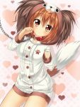  1girl blush breasts brown_eyes brown_hair collar dog_tail heart leash looking_at_viewer paw_print short_hair solo tail wataru_(zazazazazazawa) 