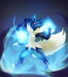  alternate_form alternate_hairstyle fangs glowing highres kerasu lucario mega_pokemon no_humans pokemon red_eyes solo tail 