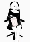  1girl ballpoint_pen_(medium) black_dress blonde_hair chair collarbone controller dress highres long_sleeves looking_at_viewer monochrome nib_pen_(medium) original popcorn remote_control sawasawa sitting solo traditional_media 