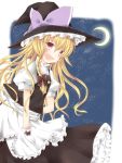  1girl blonde_hair braid crescent fang gloves hat hat_ribbon kirisame_marisa night night_sky red_eyes ribbon side_braid sky solo touhou witch_hat yucchan_(drizzle_star) 
